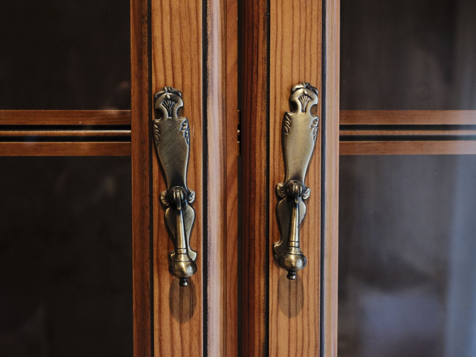 Close view of cabinet hardware and door edge detail
